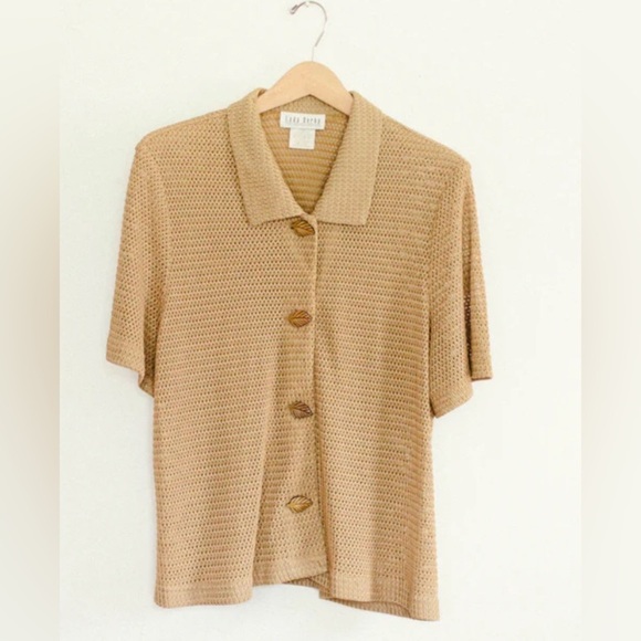 Lady Dorby Vintage Gold Knit Top Button Front Size L/XL Leaf Buttons Retro 80s - Picture 6 of 16